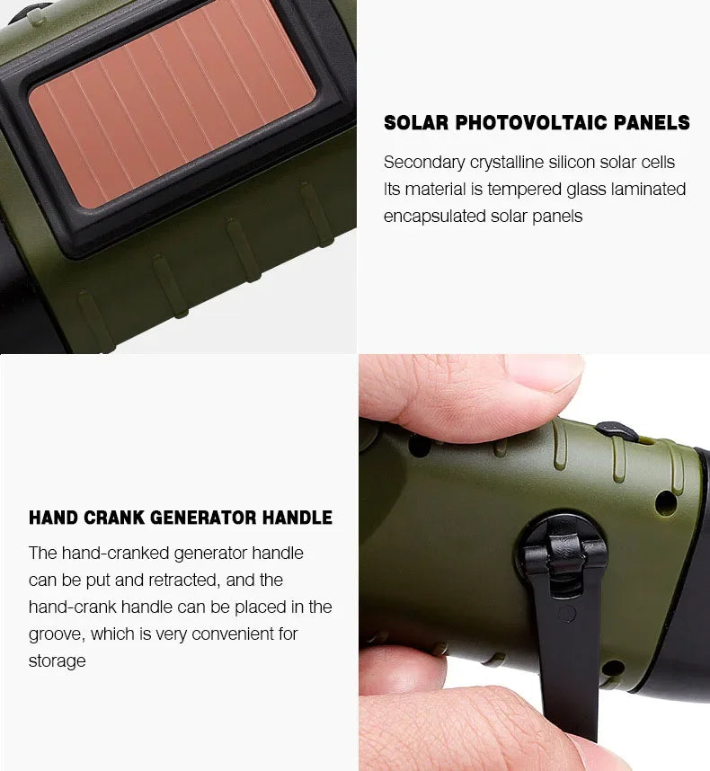Portable LED Flashlight Tent Light Hand Crank Dynamo Solar Power Torch for Outdoor Camping Hiking Long-range Emergency Lantern