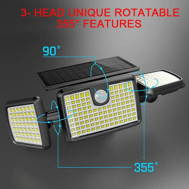 Solar Outdoor Lights Remote Control 3 Heads Motion Sensor Lights IP65 Waterproof 270 Wide Angle Flood Wall Lights with 3 Modes
