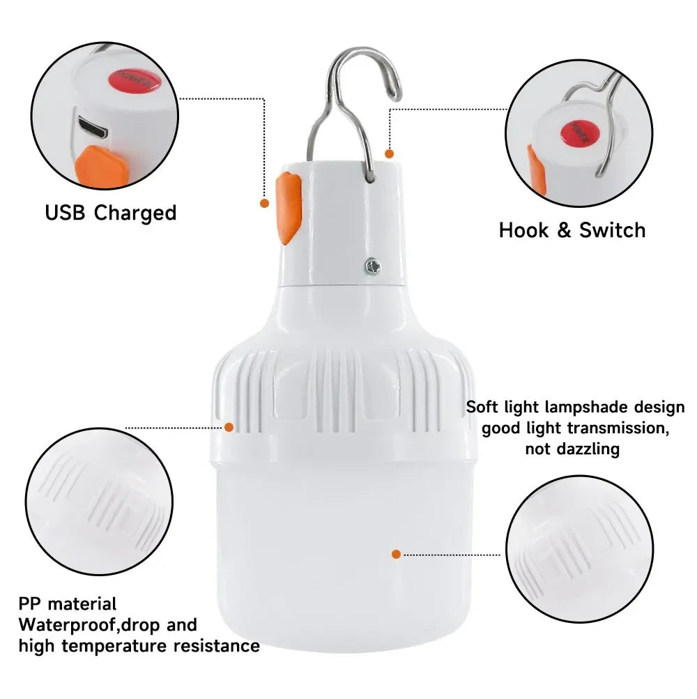 200W 80W 60W High Power LED Camping Light Rechargeable Portable Lanterns Outdoor Emergency BBQ Tent Lighting Lamp Bulb with Hook