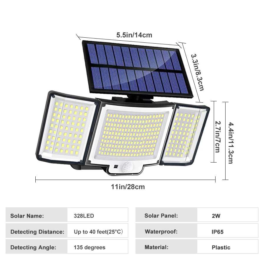Solar Lights Outdoor 348LED 3 Heads Waterproof Solar Powered Security Flood Lights Motion Sensor Outdoor Lights For Garden