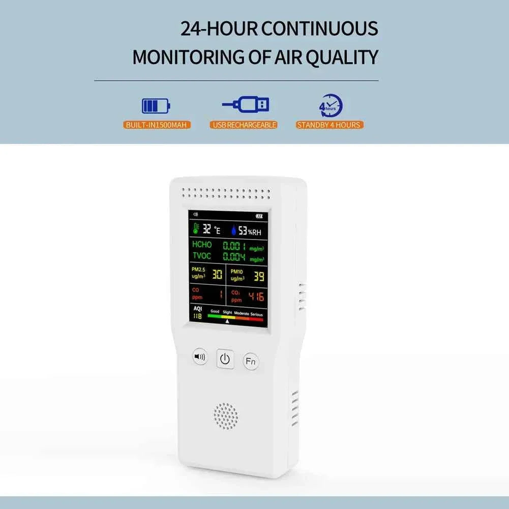 9 In 1 Air Quality Detector PM2.5 PM10 HCHO TVOC CO CO2 AQI Temperature Humidity Multifunctional LCD Digital Air Quality Monitor