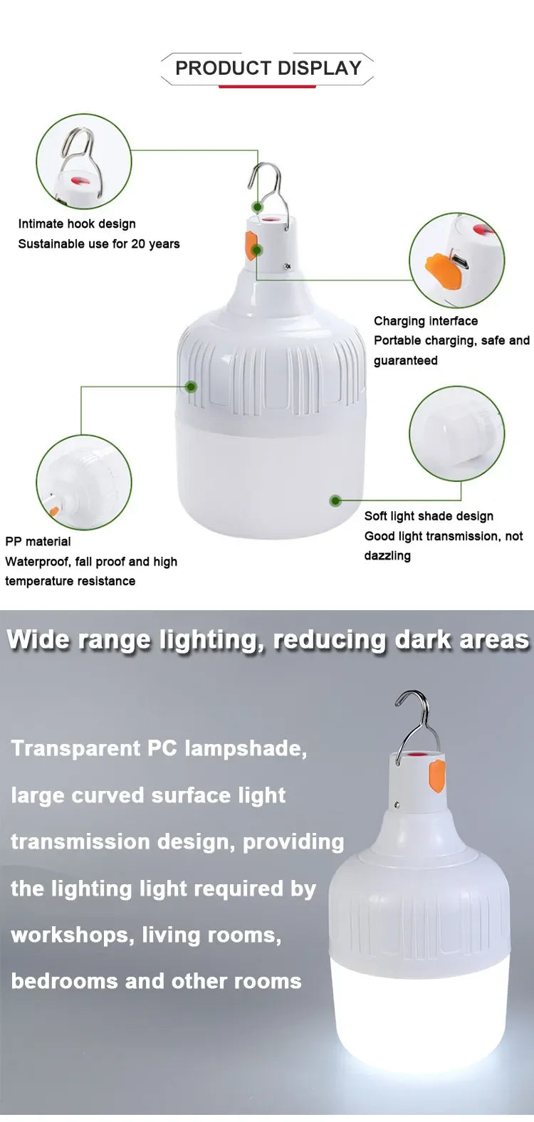 200W 80W 60W High Power LED Camping Light Rechargeable Portable Lanterns Outdoor Emergency BBQ Tent Lighting Lamp Bulb with Hook