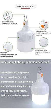 200W 80W 60W High Power LED Camping Light Rechargeable Portable Lanterns Outdoor Emergency BBQ Tent Lighting Lamp Bulb with Hook