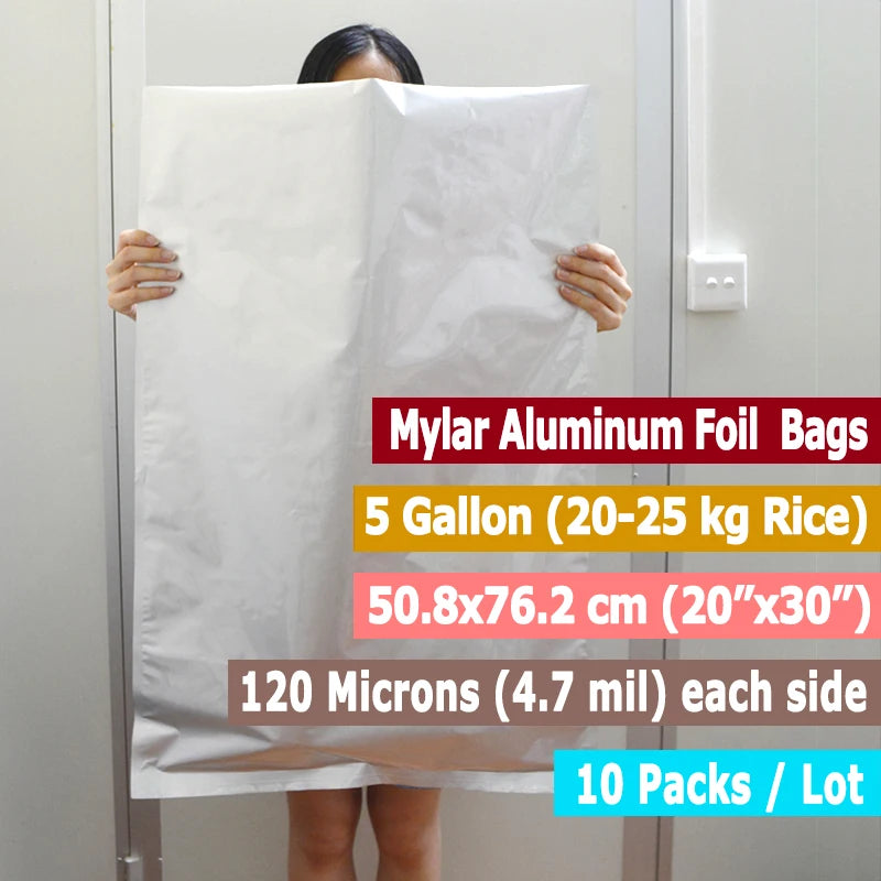 10 Packs 5 Gallon Mylar Bags Resealable Aluminum Foil Bags For Long Term Food Storage Food Grade and Light Proof (20’’x30'') - Seeds-or-Survival