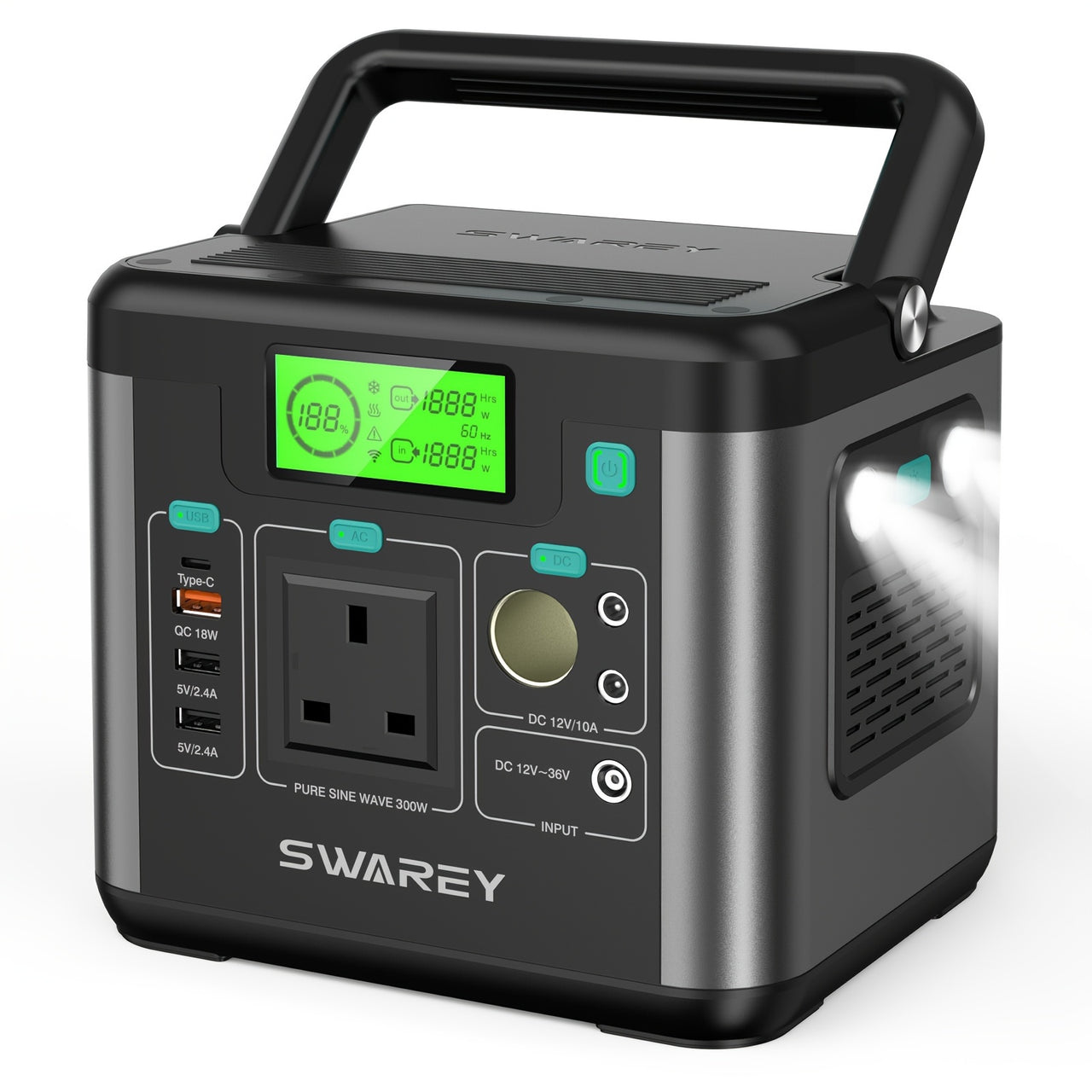 Portable Power Station, SWAREY Power Bank 222 Wh Lithium Batteries, 300W (Peak 600 W) AC Output, 65 W USB-C Port, Solar Power Bank For Camping, Travel, Fishing, Motorhome