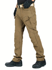 Warm & Durable Men's Tactical Pants - Fleece-Lined Polyester-Spandex Blend, Casual Style with Multiple Pockets & Adjustable Waistband for Winter Outdoor Activities - Seeds-or-Survival
