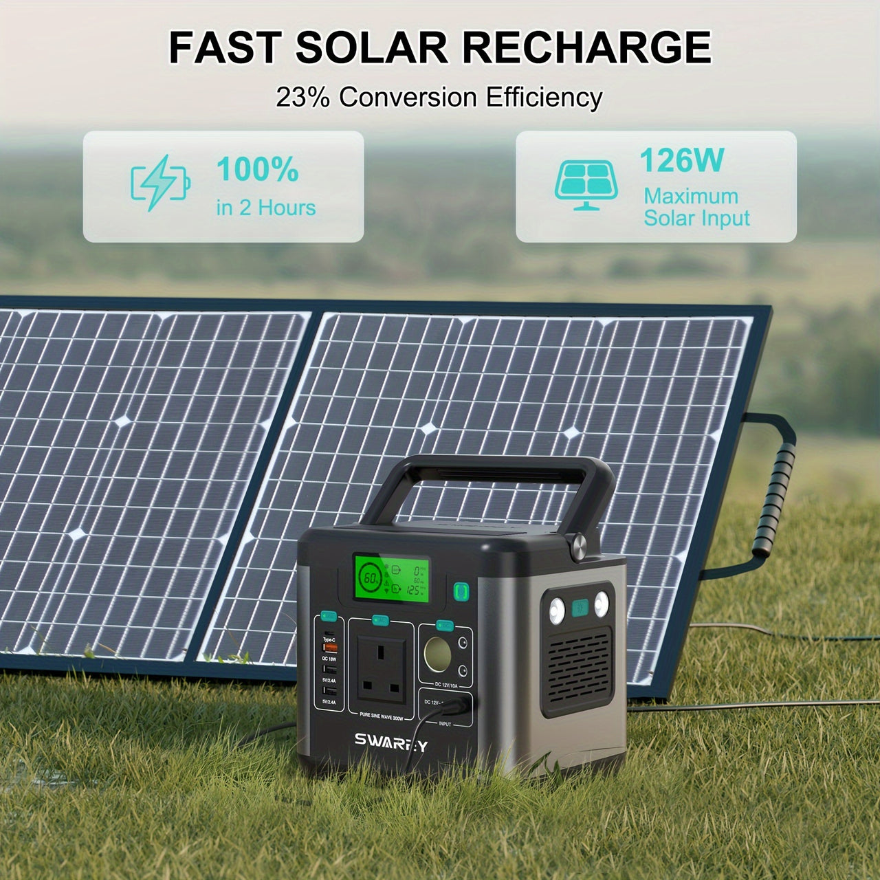 Portable Power Station, SWAREY Power Bank 222 Wh Lithium Batteries, 300W (Peak 600 W) AC Output, 65 W USB-C Port, Solar Power Bank For Camping, Travel, Fishing, Motorhome