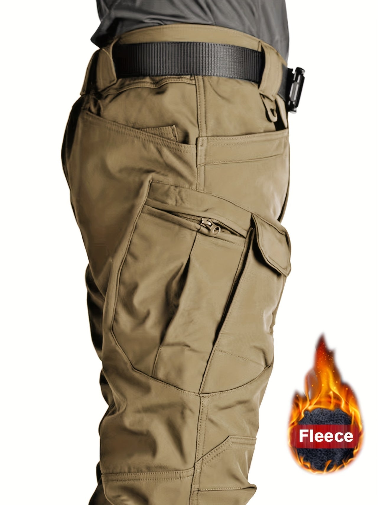 Warm & Durable Men's Tactical Pants - Fleece-Lined Polyester-Spandex Blend, Casual Style with Multiple Pockets & Adjustable Waistband for Winter Outdoor Activities - Seeds-or-Survival