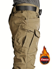 Warm & Durable Men's Tactical Pants - Fleece-Lined Polyester-Spandex Blend, Casual Style with Multiple Pockets & Adjustable Waistband for Winter Outdoor Activities - Seeds-or-Survival