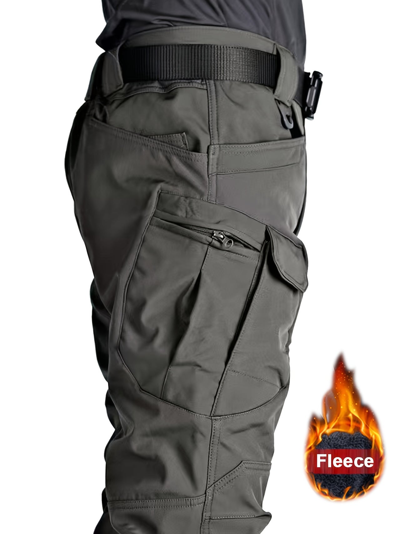 Warm & Durable Men's Tactical Pants - Fleece-Lined Polyester-Spandex Blend, Casual Style with Multiple Pockets & Adjustable Waistband for Winter Outdoor Activities - Seeds-or-Survival