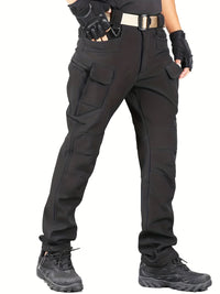Warm & Durable Men's Tactical Pants - Fleece-Lined Polyester-Spandex Blend, Casual Style with Multiple Pockets & Adjustable Waistband for Winter Outdoor Activities - Seeds-or-Survival