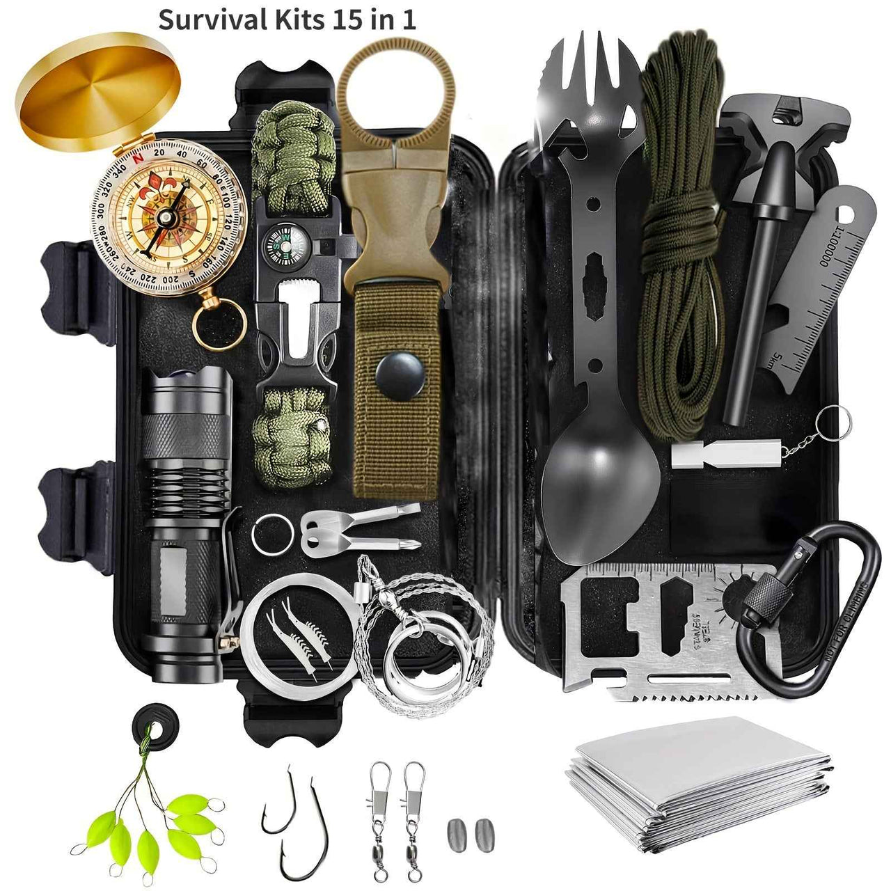 SOS 15-in-1 Camping & Hiking Emergency Kit, Battery-Free Survival Tool Box with Tactical Gear for Outdoor Adventures, Travel Accessories, and Hunting Essentials Set