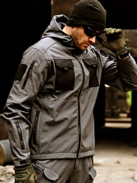Chic Color Block Men's Windproof Long Sleeve Hooded Zip Up Jacket With Multi-pocket, Men's Outdoor Tactical Outwear For Fall Winter Hiking Camping Fishing