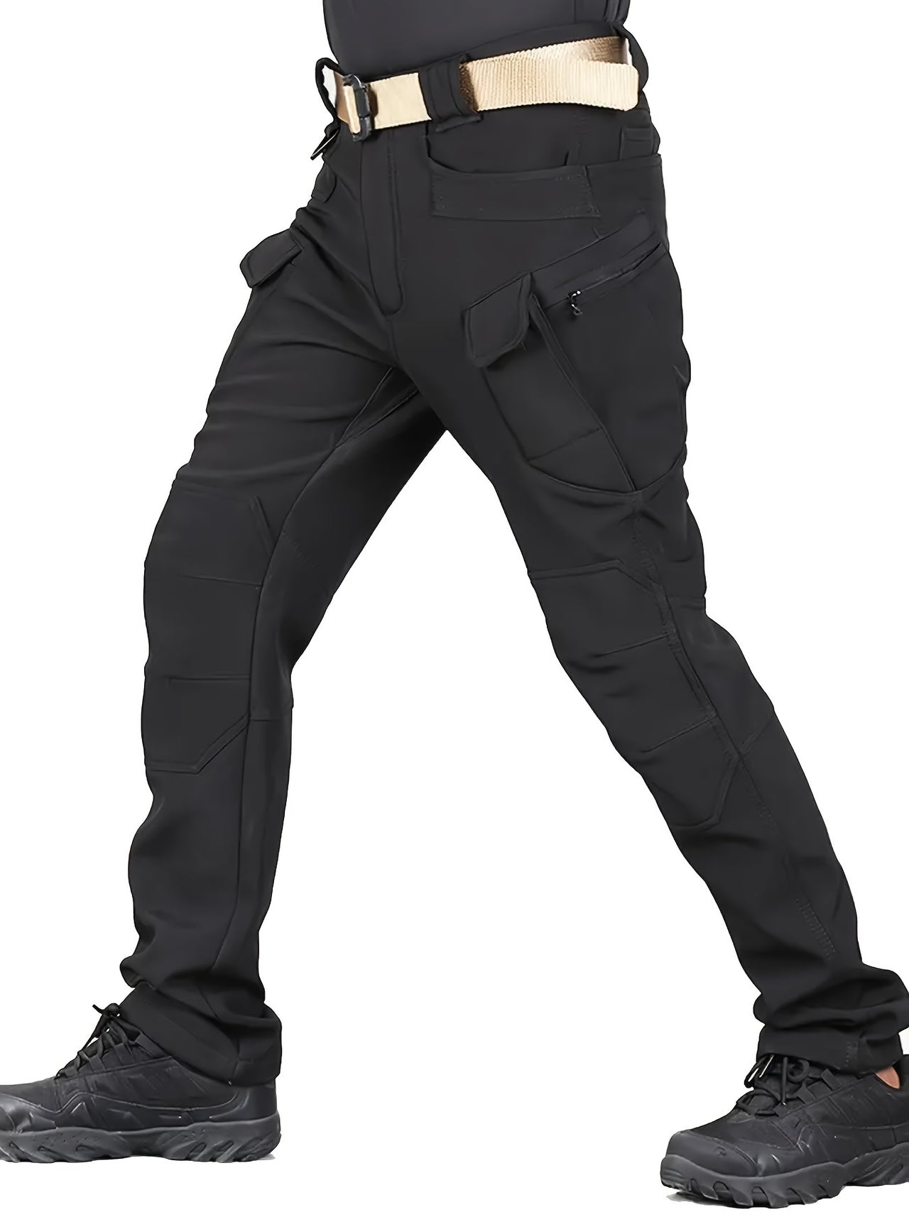 Warm & Durable Men's Tactical Pants - Fleece-Lined Polyester-Spandex Blend, Casual Style with Multiple Pockets & Adjustable Waistband for Winter Outdoor Activities - Seeds-or-Survival
