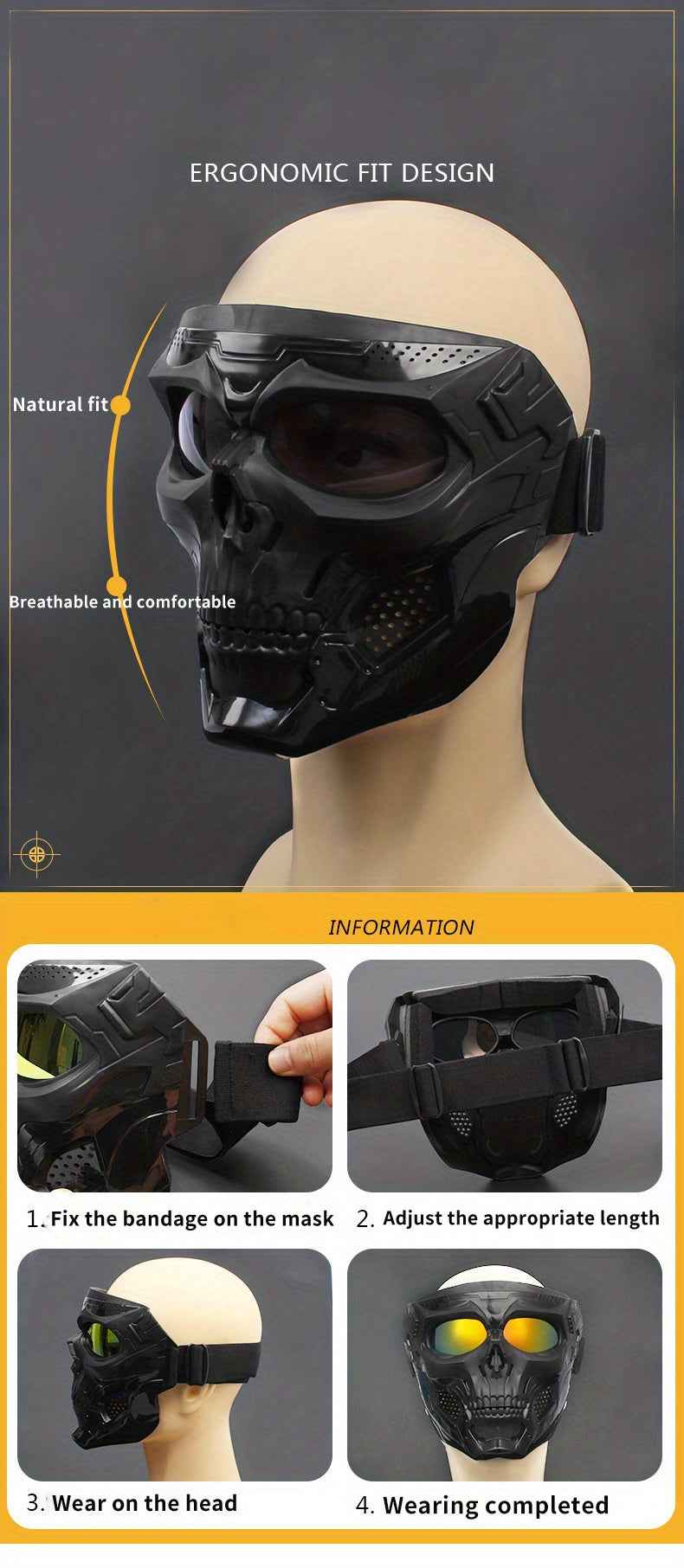 Skull Mask Full Face Protective Goggles - Windproof, Tactical Outdoor Cycling & Motorcycle Riding Eyewear With Drawstring Closure For Adults