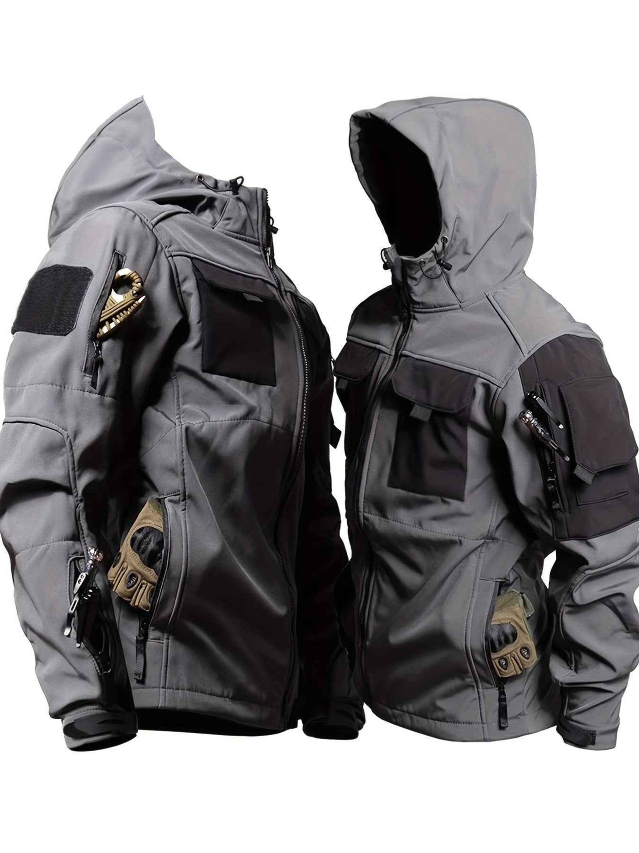 Chic Color Block Men's Windproof Long Sleeve Hooded Zip Up Jacket With Multi-pocket, Men's Outdoor Tactical Outwear For Fall Winter Hiking Camping Fishing