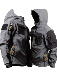 Chic Color Block Men's Windproof Long Sleeve Hooded Zip Up Jacket With Multi-pocket, Men's Outdoor Tactical Outwear For Fall Winter Hiking Camping Fishing