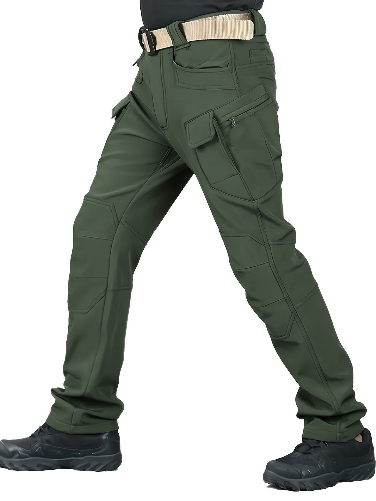 Warm & Durable Men's Tactical Pants - Fleece-Lined Polyester-Spandex Blend, Casual Style with Multiple Pockets & Adjustable Waistband for Winter Outdoor Activities - Seeds-or-Survival