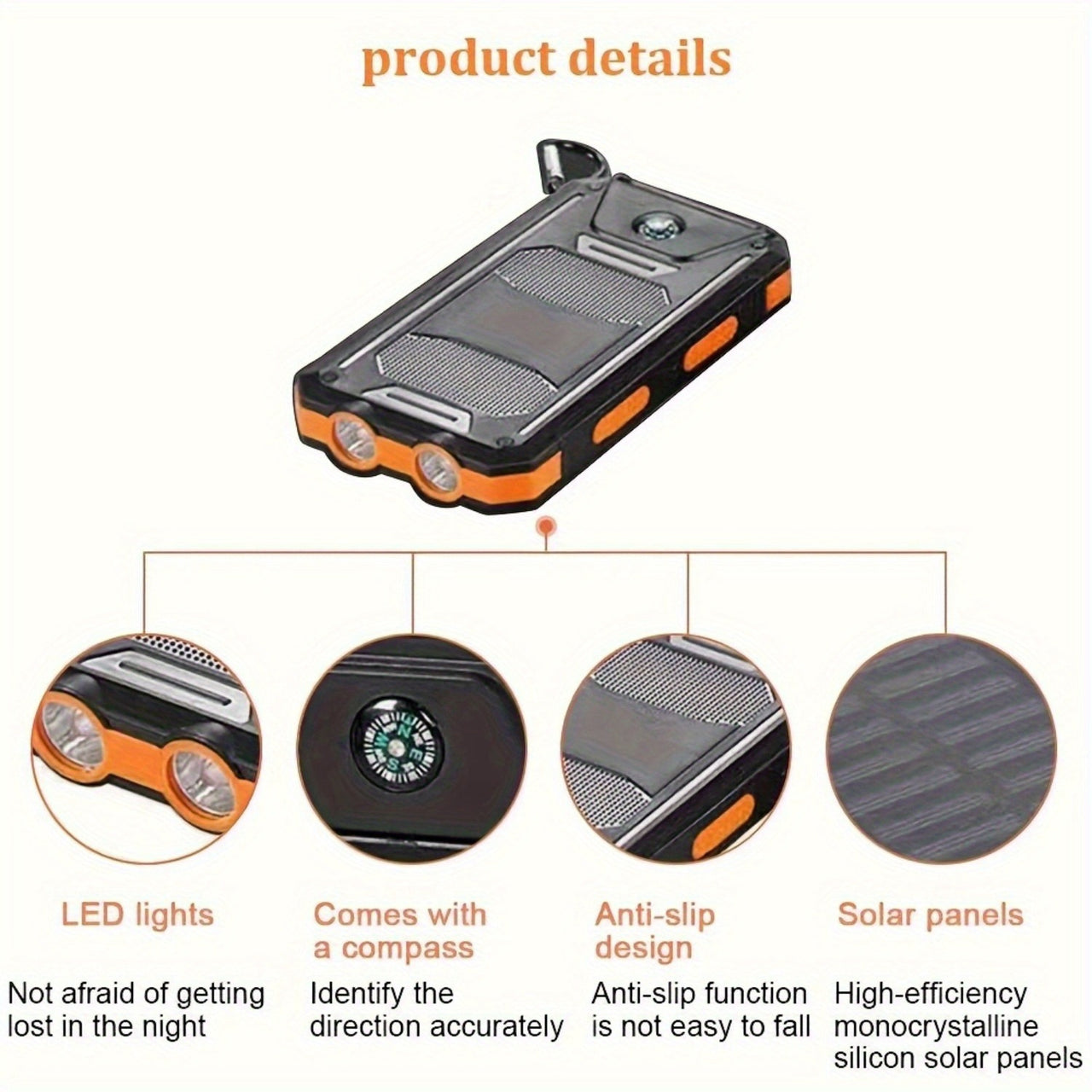 10000mAh/19800mAh/20000mAh Portable Solar Power Bank, Portable Solar Mobile Phone Charger, Camping External Battery Charger for Mobile Phones, 2 USB/ LED Flashlights with Compass