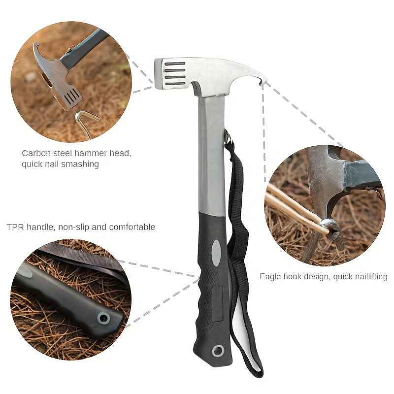 Heavy-Duty Camping Hammer with Tent Stake Remover - Comfort Grip Handle - Secure Carrying Strap - Durable Carbon Steel Head for Outdoor Adventures