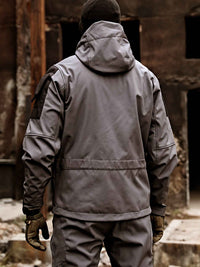 Chic Color Block Men's Windproof Long Sleeve Hooded Zip Up Jacket With Multi-pocket, Men's Outdoor Tactical Outwear For Fall Winter Hiking Camping Fishing