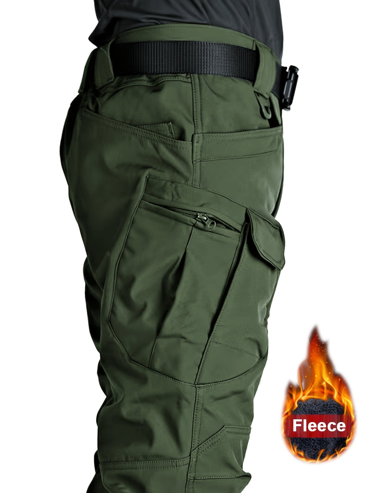 Warm & Durable Men's Tactical Pants - Fleece-Lined Polyester-Spandex Blend, Casual Style with Multiple Pockets & Adjustable Waistband for Winter Outdoor Activities - Seeds-or-Survival