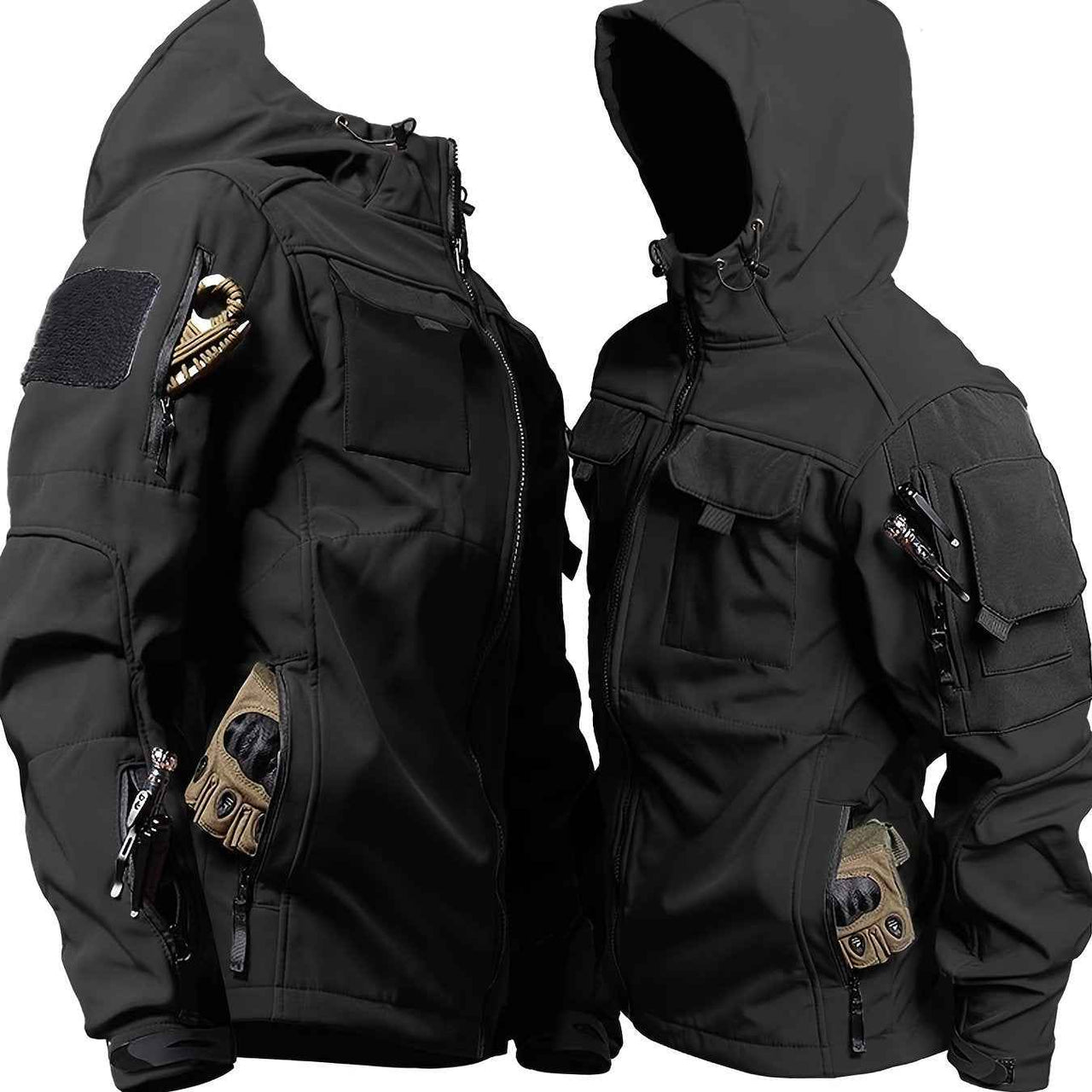 Chic Color Block Men's Windproof Long Sleeve Hooded Zip Up Jacket With Multi-pocket, Men's Outdoor Tactical Outwear For Fall Winter Hiking Camping Fishing